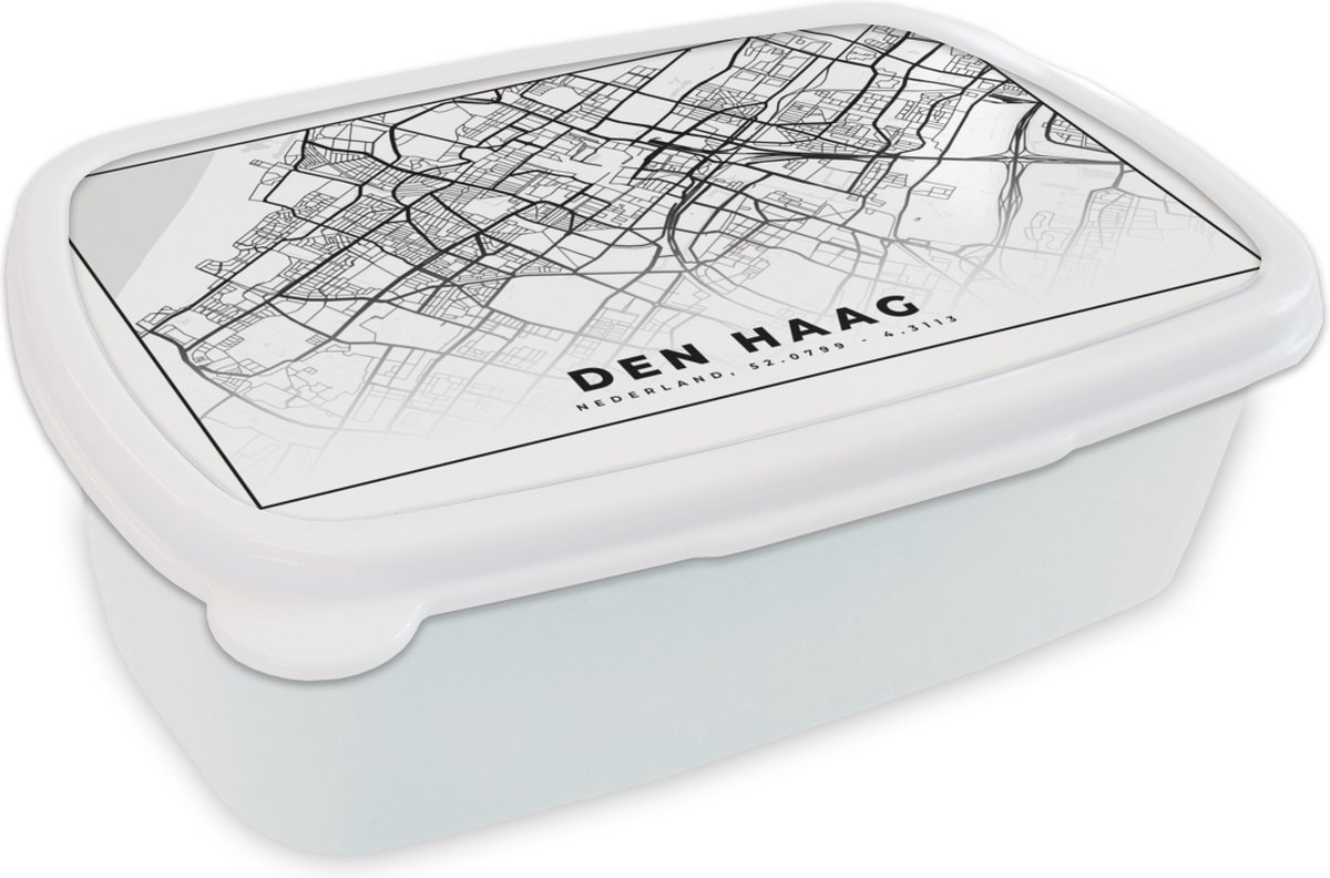 Broodtrommel Wit - Lunchbox - Brooddoos - Kaart - Den Haag - Nederland - 18x12x6 cm - Volwassenen