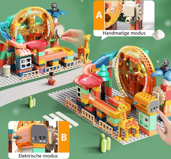Thumbnail van een extra afbeelding van het spel Knikkerbaan 322 delig met Eektronische Motor en Bouwplaat- Zonstad - Mijn Eerste Knikkerbaan Creaties - Baanelementenset - Bouwblokken Voordeelverpakking - Bouwstenen compatibel met Duplo - Grote Bouwstenen