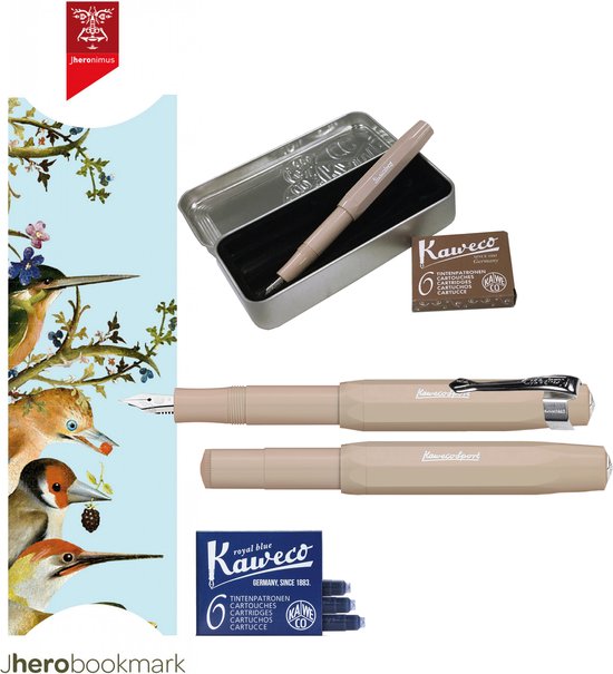 Kaweco Cadeauset (6 delig) Blikje, Vulpen bruin  M, Clip, Boekenlegger The Garden Of Earthly Delight, 2 doosjes vullingen