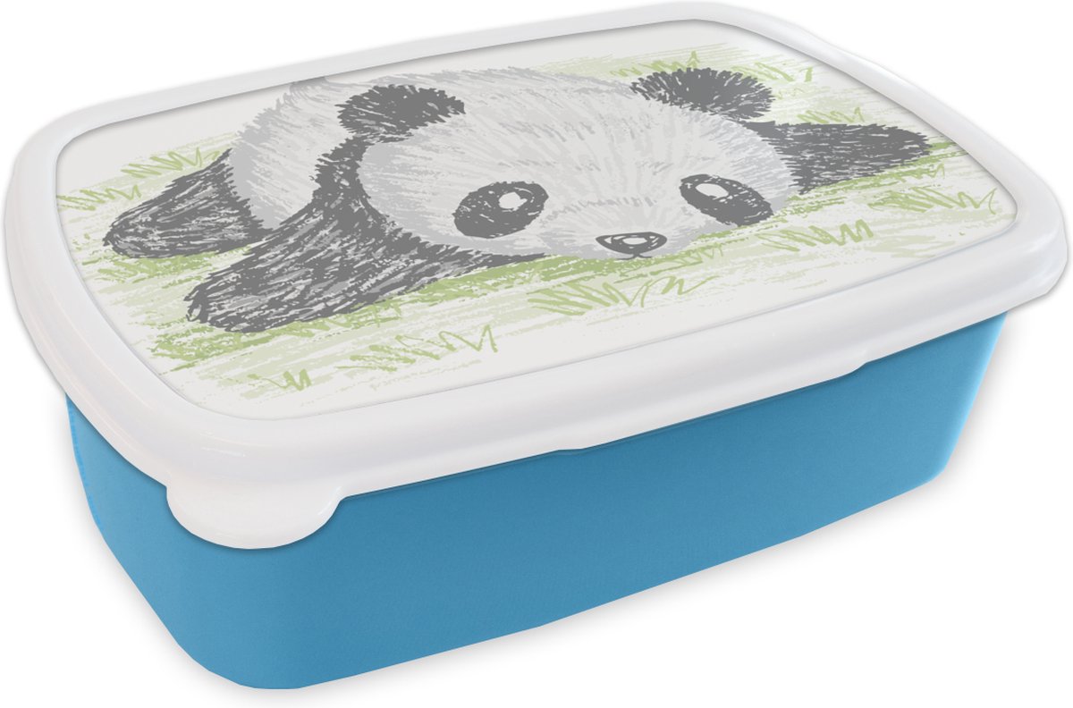 Broodtrommel Blauw - Lunchbox - Brooddoos - Dieren - Panda - Gras - 18x12x6 cm - Kinderen - Jongen