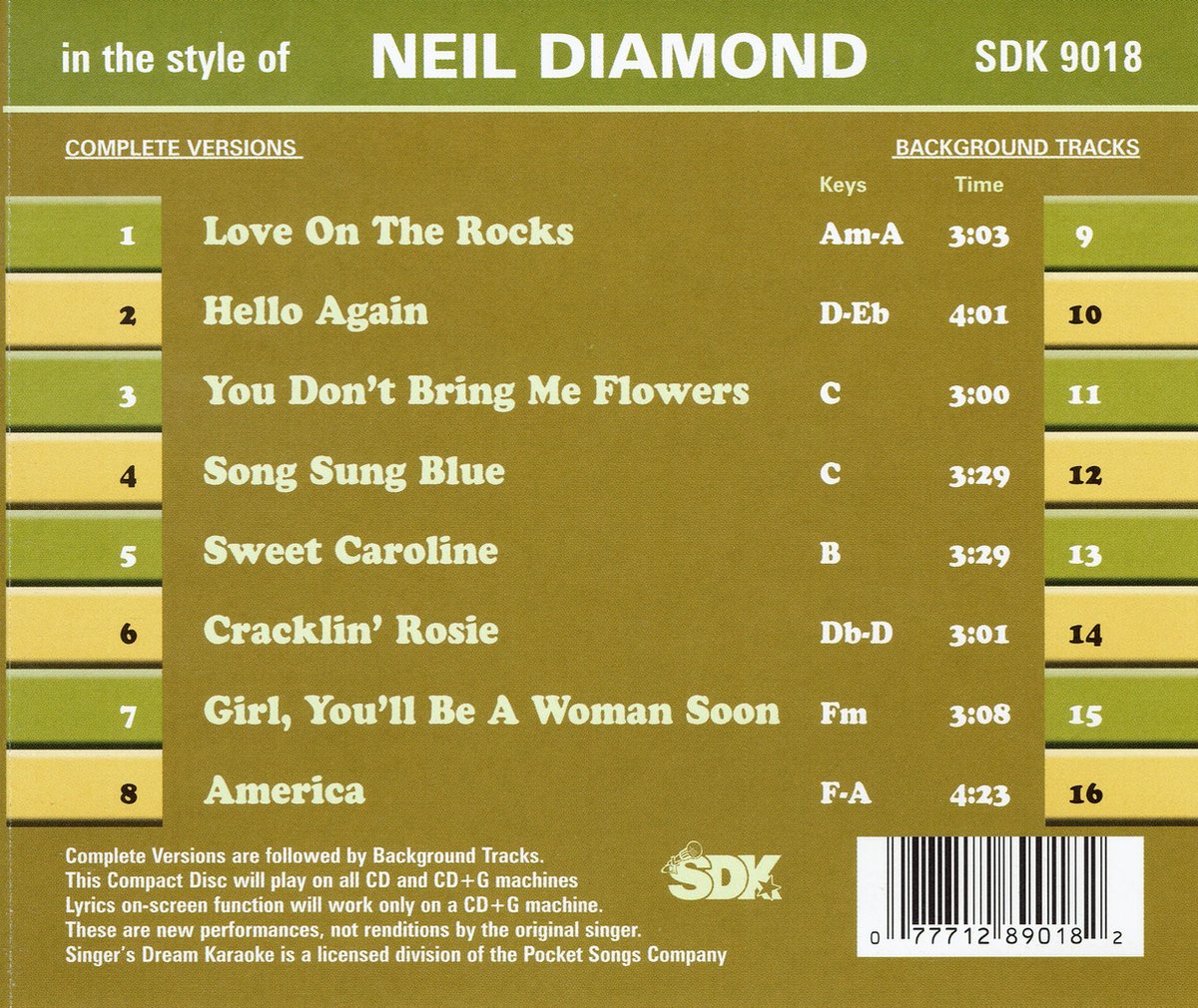 Neil Diamond Karaoke [Singer's Dream], Karaoke CD (album) Muziek