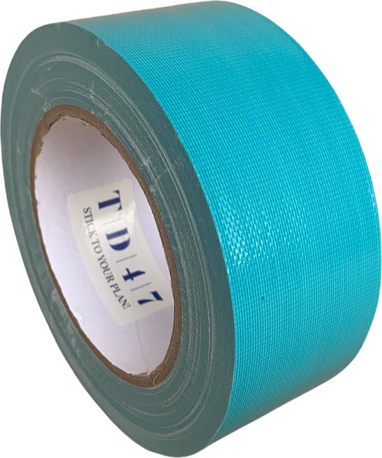 TD47 Gaffatape 50mm x 25m in aqua blauw met "STICK TO YOUR PLAN!" tekst op de rol.