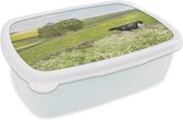 Broodtrommel Wit - Lunchbox - Brooddoos - Koe - Bloemen - Dieren - 18x12x6 cm - Volwassenen