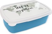 Broodtrommel Blauw - Lunchbox - Brooddoos - Wereldkaart - Quote - Take Me Anywhere - 18x12x6 cm - Kinderen - Jongen