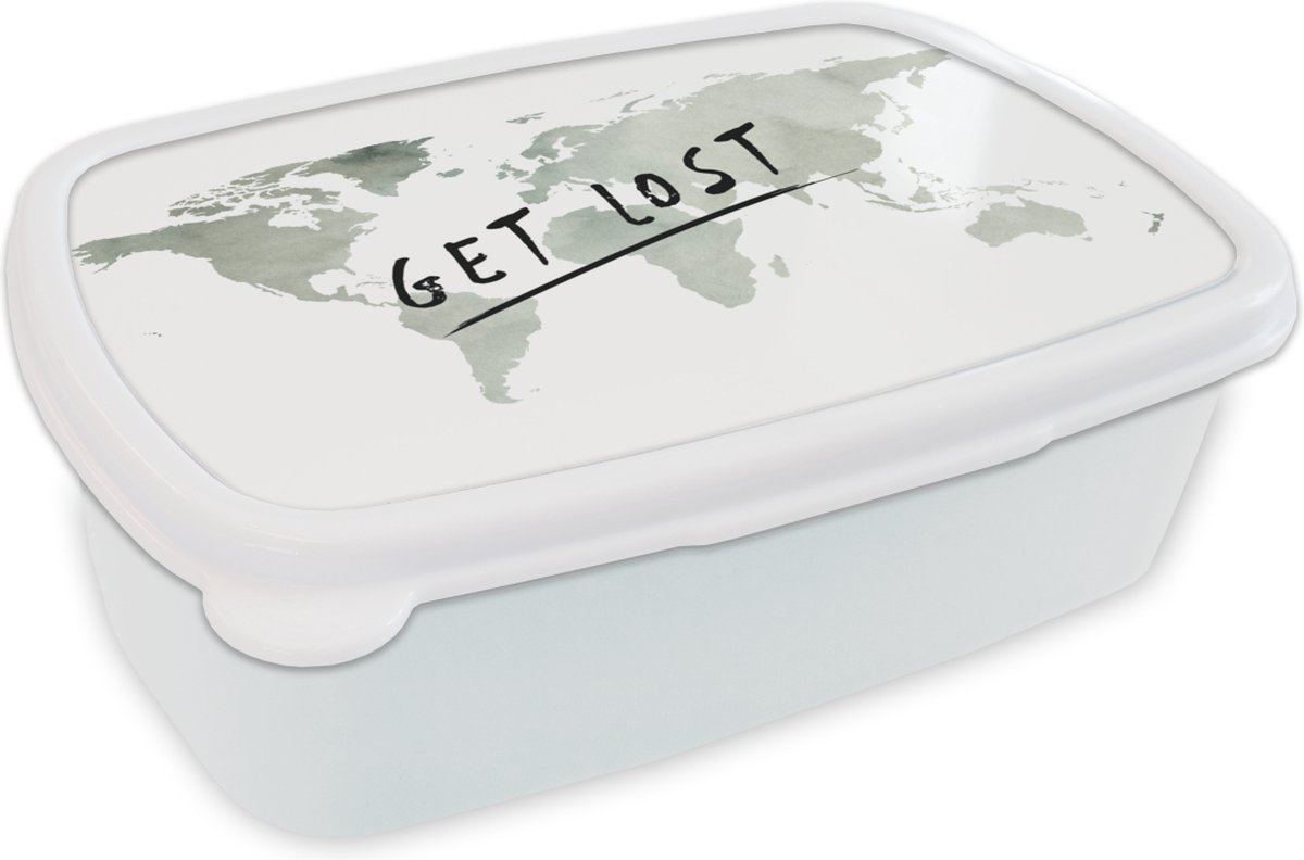 Broodtrommel Wit - Lunchbox - Brooddoos - Wereldkaart - Quote - Grijs - 18x12x6 cm - Volwassenen