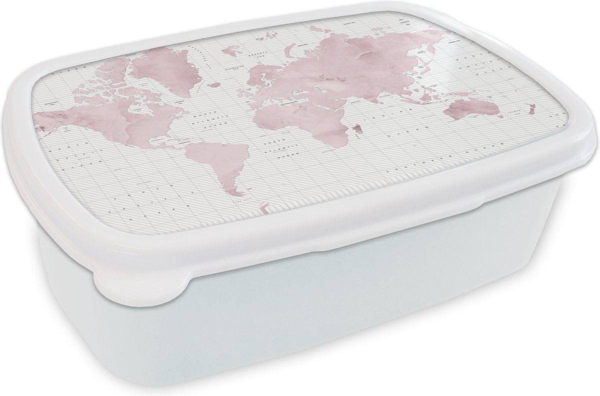 Broodtrommel Wit - Lunchbox - Brooddoos - Wereldkaart - Roze - Marmer - 18x12x6 cm - Volwassenen