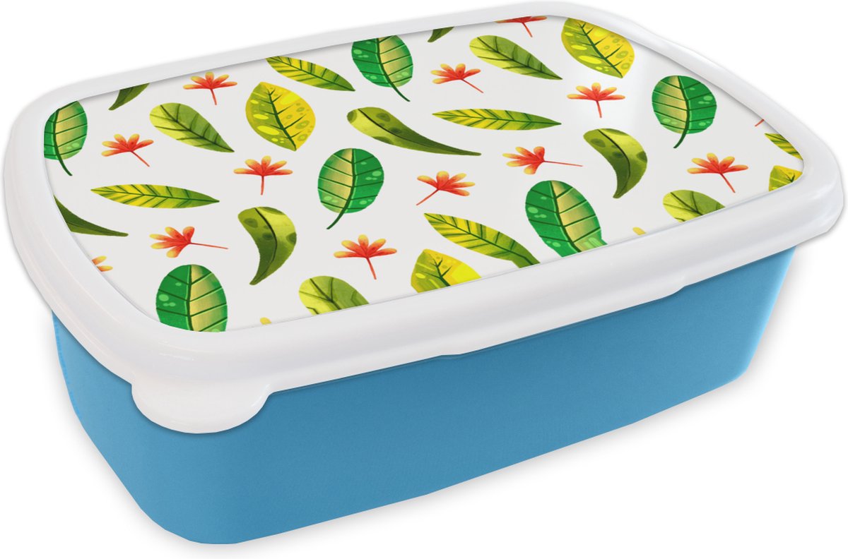 Broodtrommel Blauw - Lunchbox - Brooddoos - Jungle - Bladeren - Rood - 18x12x6 cm - Kinderen - Jongen
