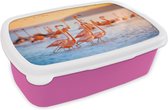 Broodtrommel Roze - Lunchbox - Brooddoos - Flamingo - Zee - Zon - Zomer - 18x12x6 cm - Kinderen - Meisje