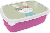 Broodtrommel Roze - Lunchbox Konijn - Zomer - Bloemen - Brooddoos 18x12x6 cm - Brood lunch box - Broodtrommels voor kinderen en volwassenen