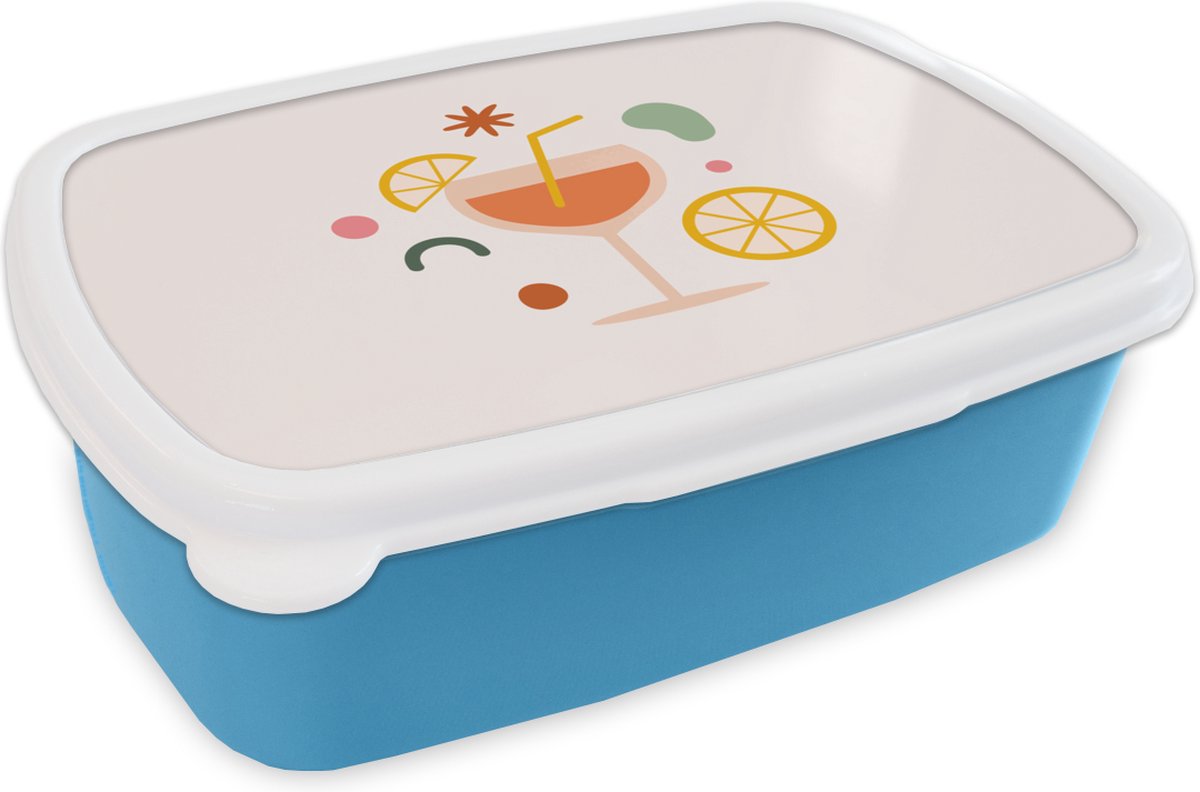 Broodtrommel Blauw - Lunchbox - Brooddoos - Cocktail - Rietje - Fruit - 18x12x6 cm - Kinderen - Jongen