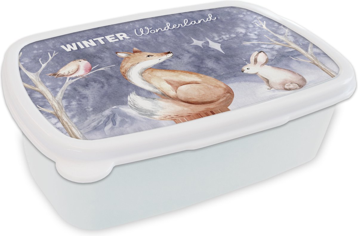 Broodtrommel Wit - Lunchbox - Brooddoos - Winter - Vos - Vogel - Konijn - 18x12x6 cm - Volwassenen