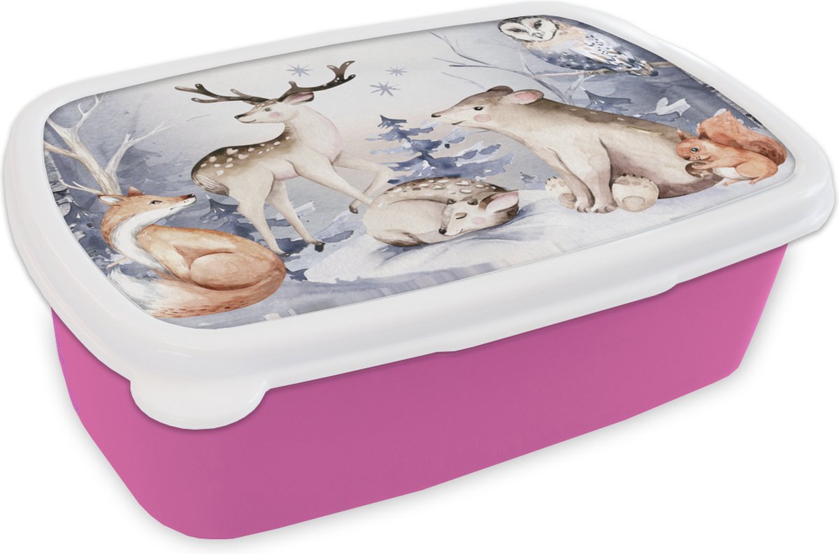 Broodtrommel Roze - Lunchbox - Brooddoos - Winter - Dieren - Sneeuw - 18x12x6 cm - Kinderen - Meisje