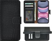Geschikt voor iPhone 11 Pro Max Hoesje - Bookcase - Portemonnee Hoes Echt leer Wallet case Croco Zwart