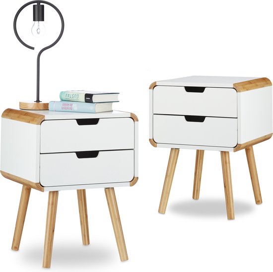 Massief houten nachtkastje Scandinavisch stijlvol nachtkastje met 2 lades moderne bijzettafel lederen ladekast Scandinavisch nachtkastje voor slaapkamer 50x40x47cm