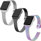 By Qubix 3 x Milanese slim fit bandje - Zilver + Zwart + Multicolor - Geschikt voor Apple Watch 42 - 44 - 45 - Ultra - 49mm - Compatible Apple watch