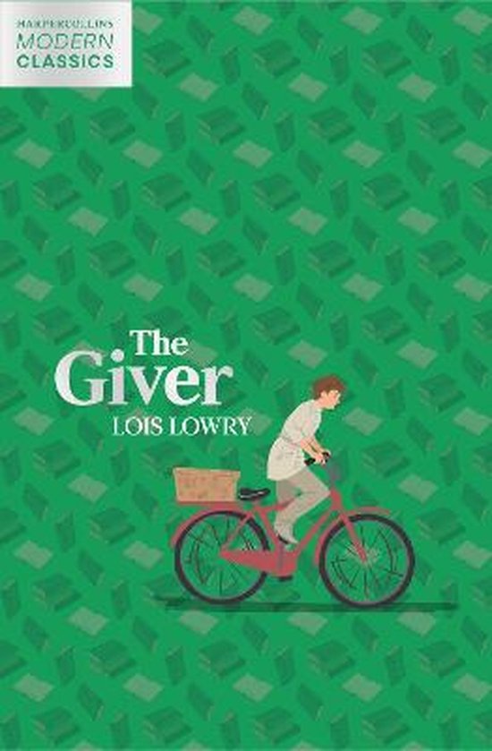 Boekomslag van 'The Giver' met groene achtergrond met patronen van boeken, een figuur op een rode fiets met een mandje.