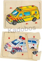 Houten noppenpuzzel 2x - Ambulance en Politie - 9 pcs per puzzel