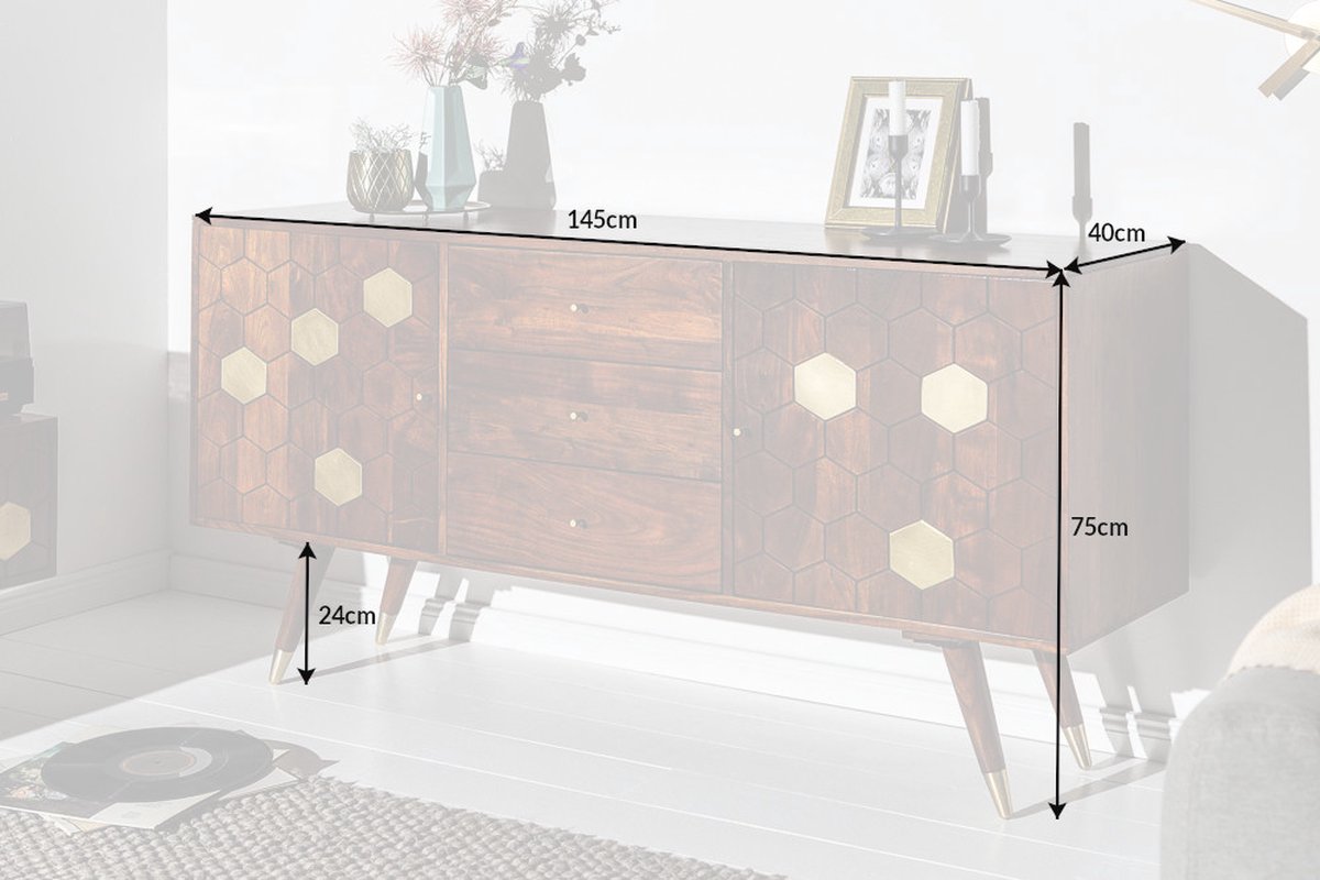 Massief dressoir tv meubel 145 cm acacia bruin goud retro design