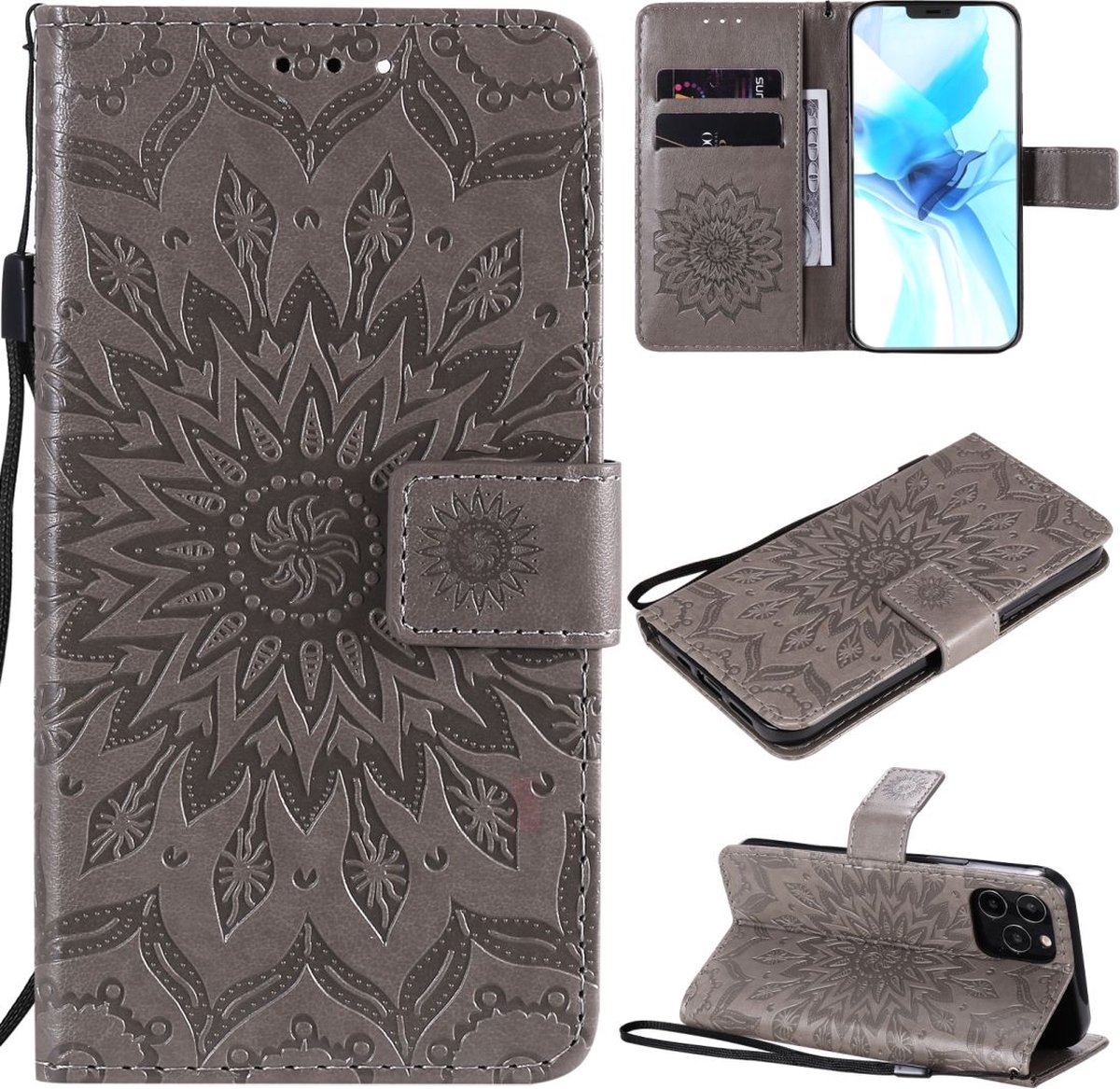 Mobigear Telefoonhoesje geschikt voor Apple iPhone 12 Hoesje | Mobigear Sunflower Bookcase Portemonnee | Pasjeshouder voor 2 Pasjes | Telefoonhoesje voor Pinpas / OV Kaart / Rijbewijs - Grijs