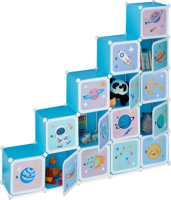 Relaxdays armoire à speelgoed pour enfants - 15 compartiments - armoire de rangement chambre d'enfants peu profonde - livres - bébé