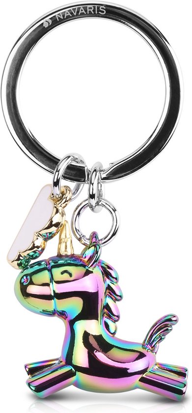 Porte- clés Navaris avec licorne volante - Porte- clés en métal avec licorne et nuage - Pour votre sac à main - Aux couleurs argent et arc-en-ciel
