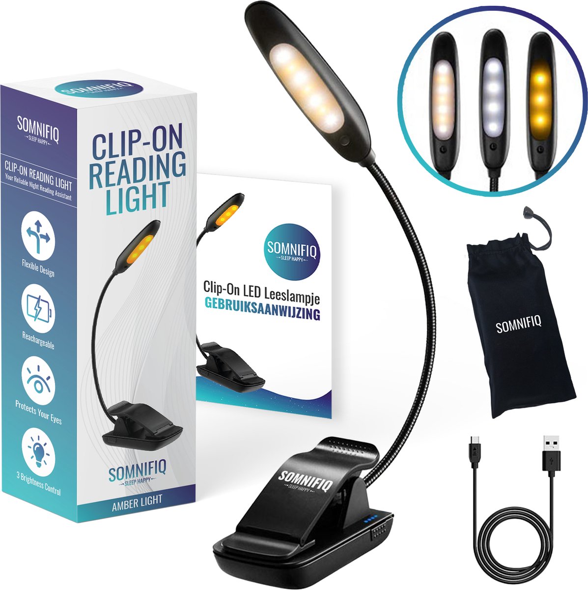 Somnifiq LED Leeslampje met Klem – voor Boek - Amber licht - 360°C  Flexibele Nek - USB