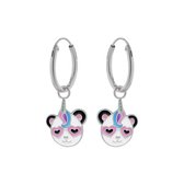 Kinderoorbellen | Eenhoorn oorbellen | Zilveren oorringen met hanger, panda-eenhoorn met roze hartjesbril