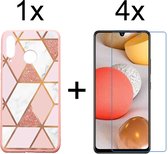 Samsung A42 Hoesje - Samsung Galaxy A42 Hoesje Marmer Roze Driehoek Print Siliconen Case - 4x Samsung A42 Screenprotector