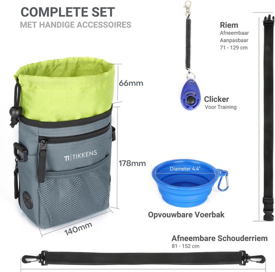 Grijze hondensnoeptas met fluogroene opening, ritssluiting, mesh vakken, inclusief riem, clicker en opvouwbare voerbak.