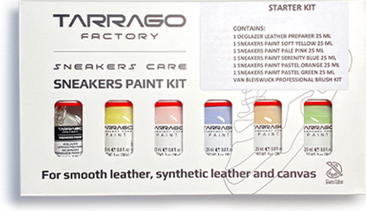 Tarrago Sneakers Verfset met 5 pastel kleuren, voorbehandeling en penselen | verf voor leer & canvas | Pastel Geel, Pastel Roze, Pastel Blauw, Pastel Oranje, Pastel Groen