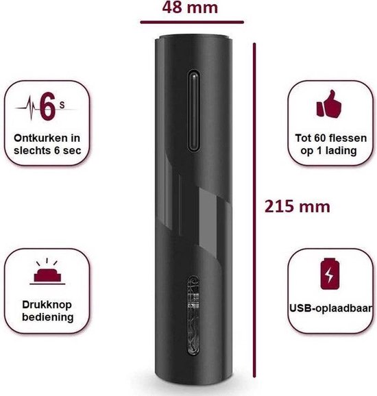 Zwarte elektrische wijnopener, met afmetingen en specificaties: 48 mm breed, 215 mm hoog.