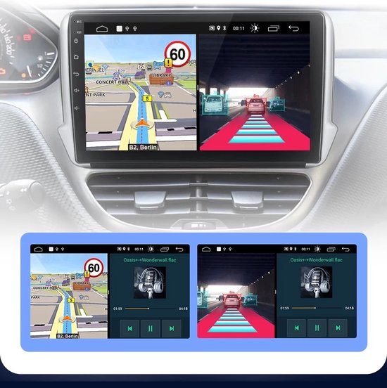 Autoradio met navigatie en muziekweergave, getoond in een auto.