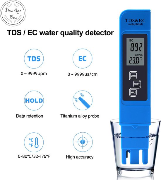 TDS, EC, en Water Temperatuur Meter - 3-in-1 - Water temperatuurmeter - TDS meter - EC meter - Blauw