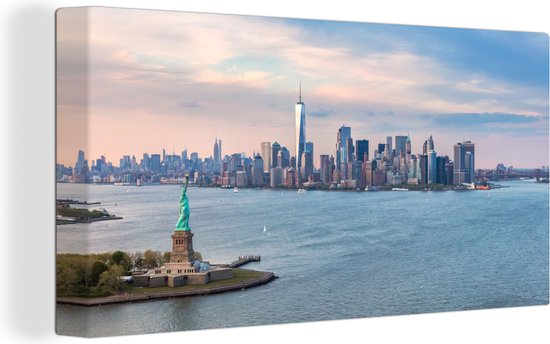 Canvas schilderij 160x80 cm - Wanddecoratie Luchtfoto van het Amerikaanse standbeeld bij zonsondergang in New York - Muurdecoratie woonkamer - Slaapkamer decoratie - Kamer accessoires - Schilderijen
