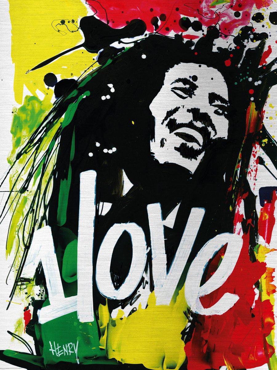 BOB MARLEY * ONE LOVE * - uniek sign painted kunstwerk op geborsteld aluminium 60 x 80 cm