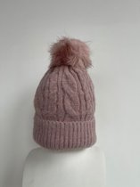 Gebreide Muts met Thermische Vulling - Beanie - Gestreepte Mutsen met pompon - Oudroze - Een Maat