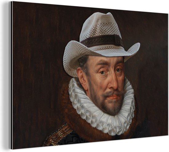 Wanddecoratie Metaal - Aluminium Schilderij Industrieel - Willem van Oranje - Adriaen Thomasz - Cowboyhoed - 60x40 cm - Dibond - Foto op aluminium - Industriële muurdecoratie - Voor de woonkamer/slaapkamer