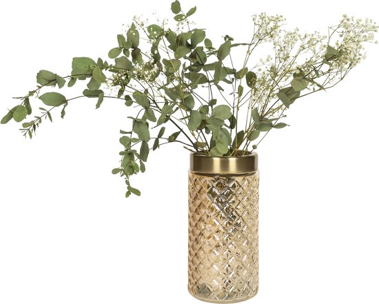 QUVIO Vaas voor droogbloemen - Vazen - Klassieke of landelijke bloemenvaas - Vaasje met gouden rand - Woonaccessoires voor bloemen en boeketten - Decoratieve accessoires - Glas - 11 x 22 cm (dxh) - Goud cadeau geven