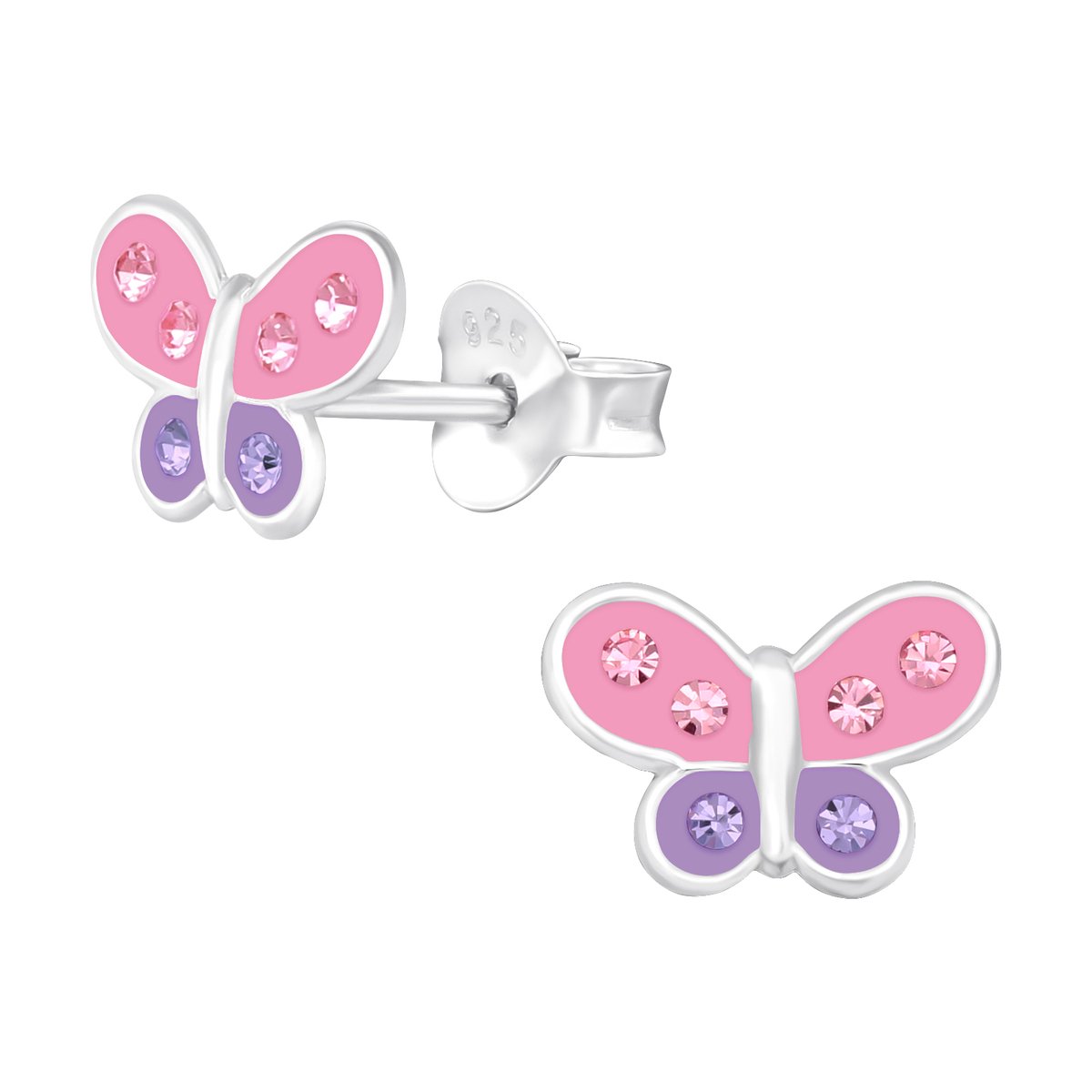 Oorbellen meisje | Zilveren kinderoorbellen | Zilveren oorstekers, roze/paarse vlinder met kristallen | Sparkle & More