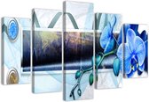 Trend24 - Canvas Schilderij - Orchidee Arrangement - Vijfluik - Bloemen - 150x100x2 cm - Blauw
