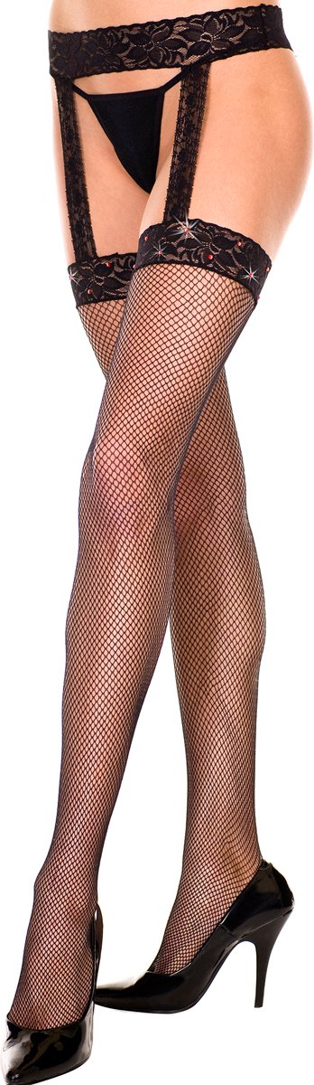 Music Legs Kanten Jarretelgordel Met Kousen En Strass-Steentjes - Zwart