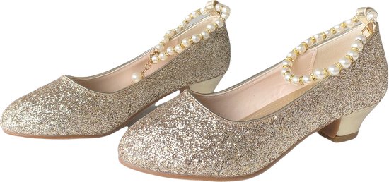 Communie schoenen - Prinsessen schoenen goud glitter met pareltjes - maat 26 (binnenmaat 17 cm) bij bruidsmeisjes jurk