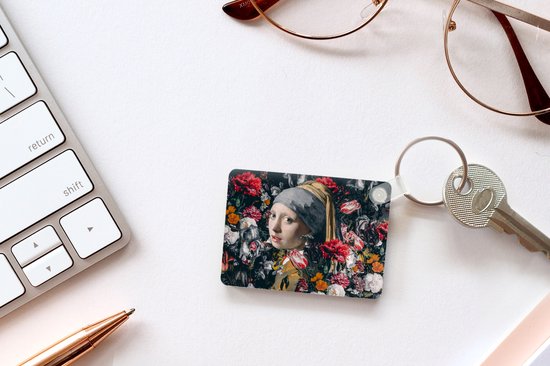 Porte-clés - Fille à la boucle d'oreille en perle - Fleurs - Johannes Vermeer - Cadeaux à distribuer - Plastique