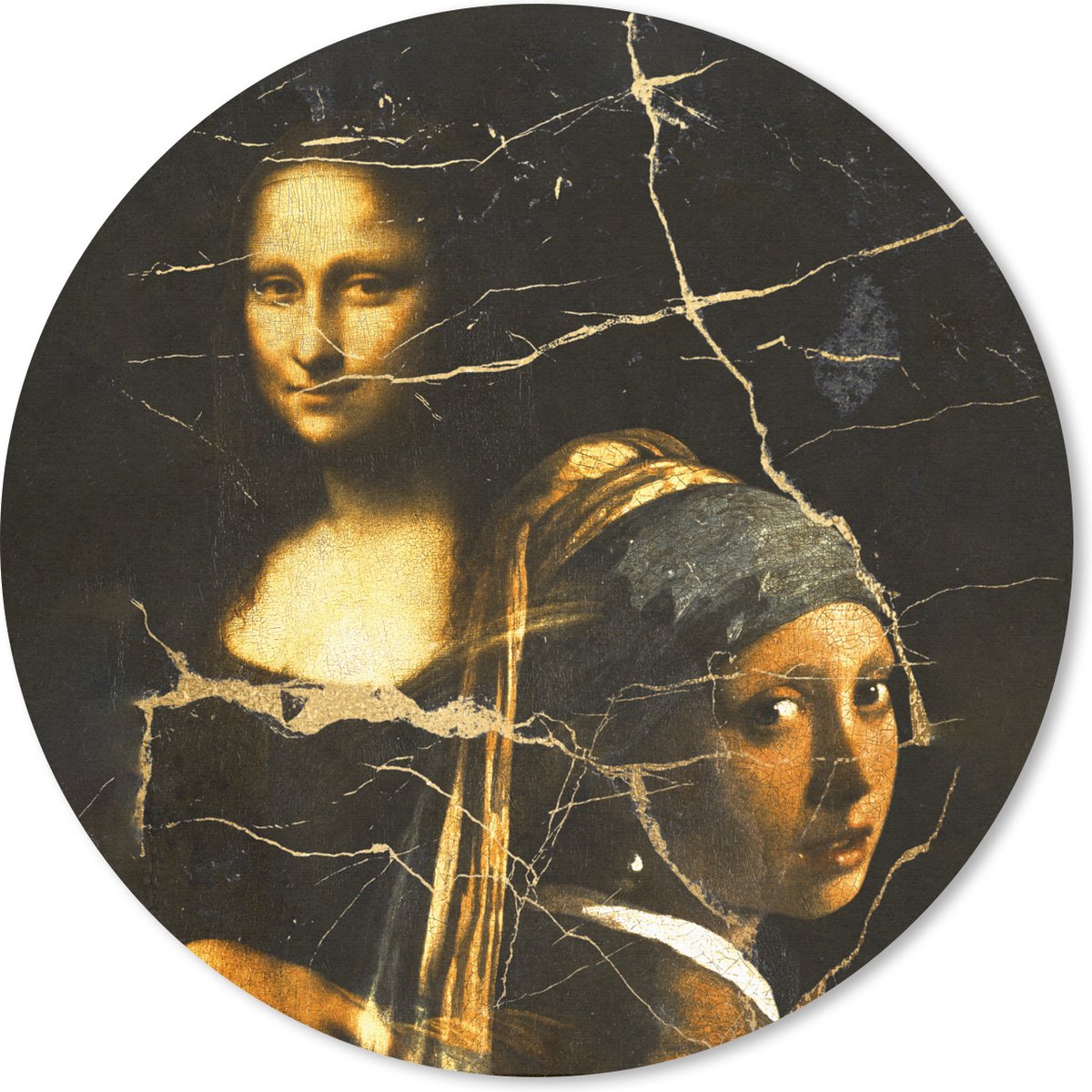 Muismat rond 30x30 cm - Mousepad Meisje met de parel - Mona Lisa - Collage - Ronde muismatten