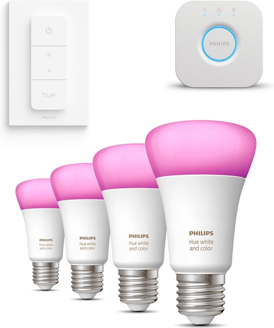 schoorsteen smal Mauve Philips Hue Starterspakket White and Color Ambiance E27 - 4 Hue Lampen,  Dimmer Switch... | bol.com