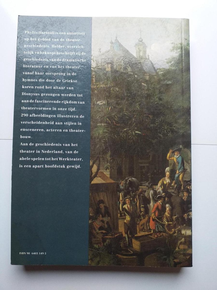 Boekomslag met schilderij van theatergezelschap, tekst 'Geschiedenis van het theater'.