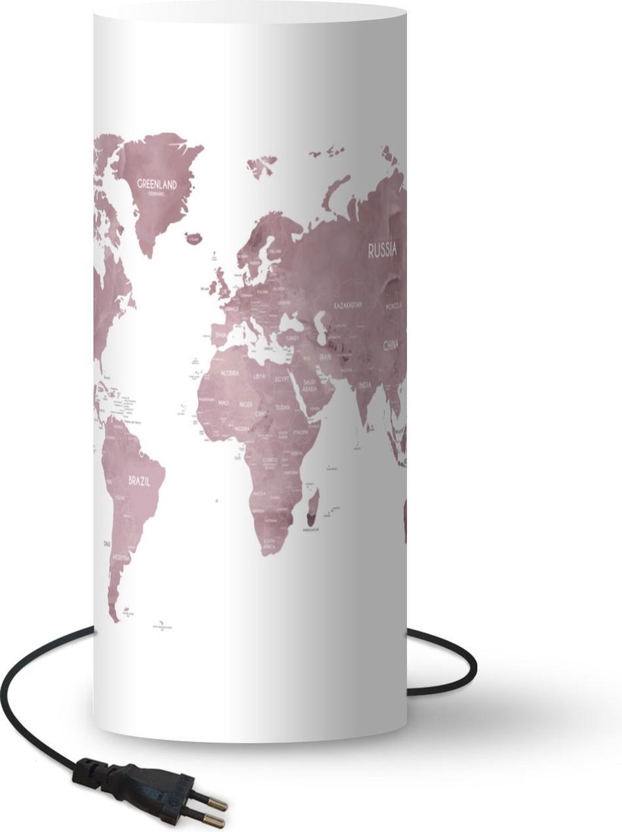 Lamp - Nachtlampje - Tafellamp slaapkamer - Wereldkaart - Roze - Design - 33 cm hoog - Ø14.3 cm - Inclusief LED lamp