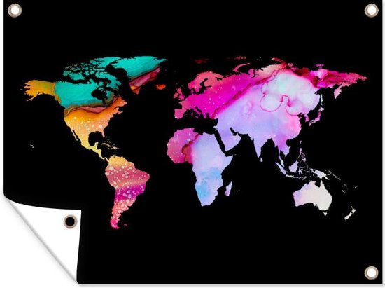 Décoration murale extérieure Wereldkaart - Zwart - Noir - 160x120 cm - Toile de jardin - Poster extérieur