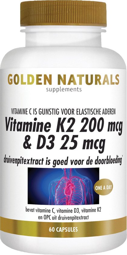 Golden Naturals Vitamine K2 200 mcg & D3 25 mcg (60 vegetarische capsules)  | bol.com