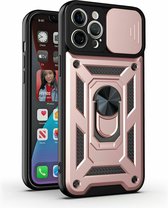 Hoesje Geschikt voor iPhone 13 Mini Hoesje met Camera Bescherming Rosegoud – met ring houder Rugged Armor Back Cover - Case - Camera Schuif